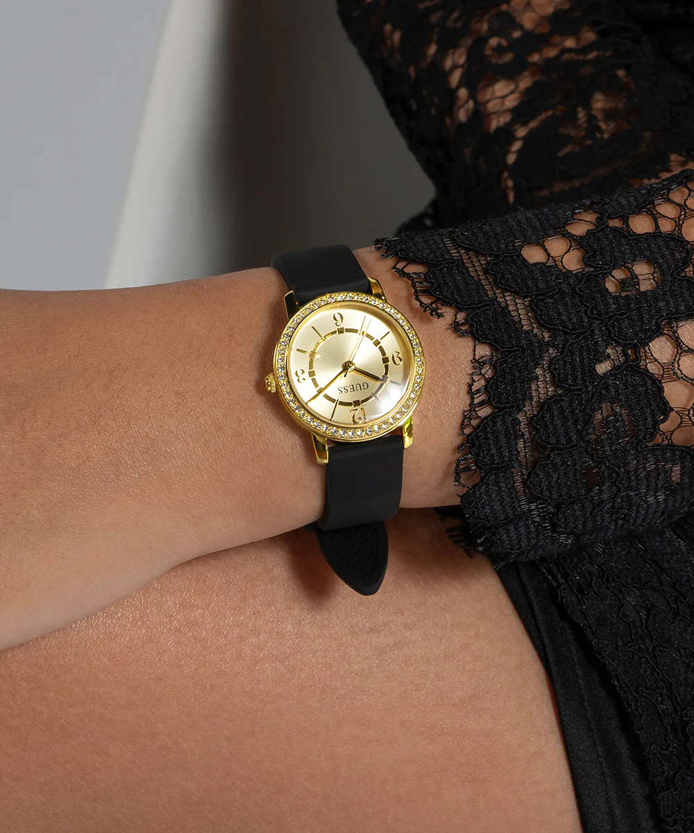 GUESS Ladies Black Gold Tone Analog Watch - Image 5