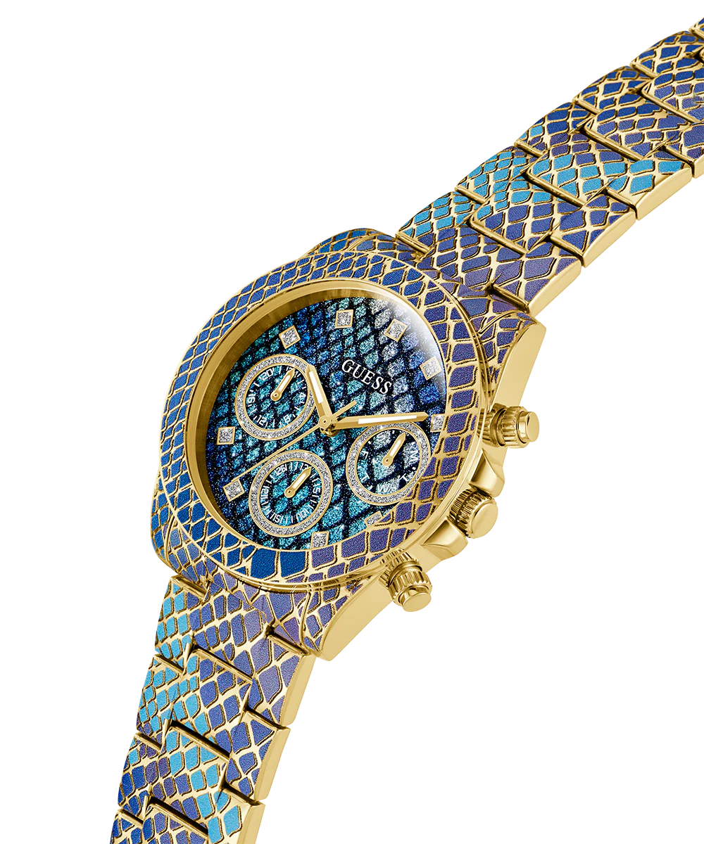 GUESS Ladies Blue Purple Gold Tone Multi-function Watch - Image 3