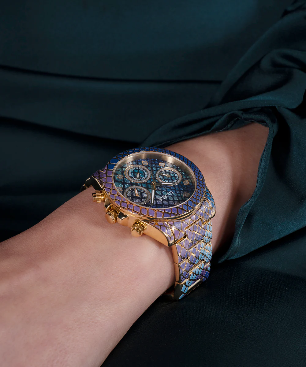 GUESS Ladies Blue Purple Gold Tone Multi-function Watch - Image 7