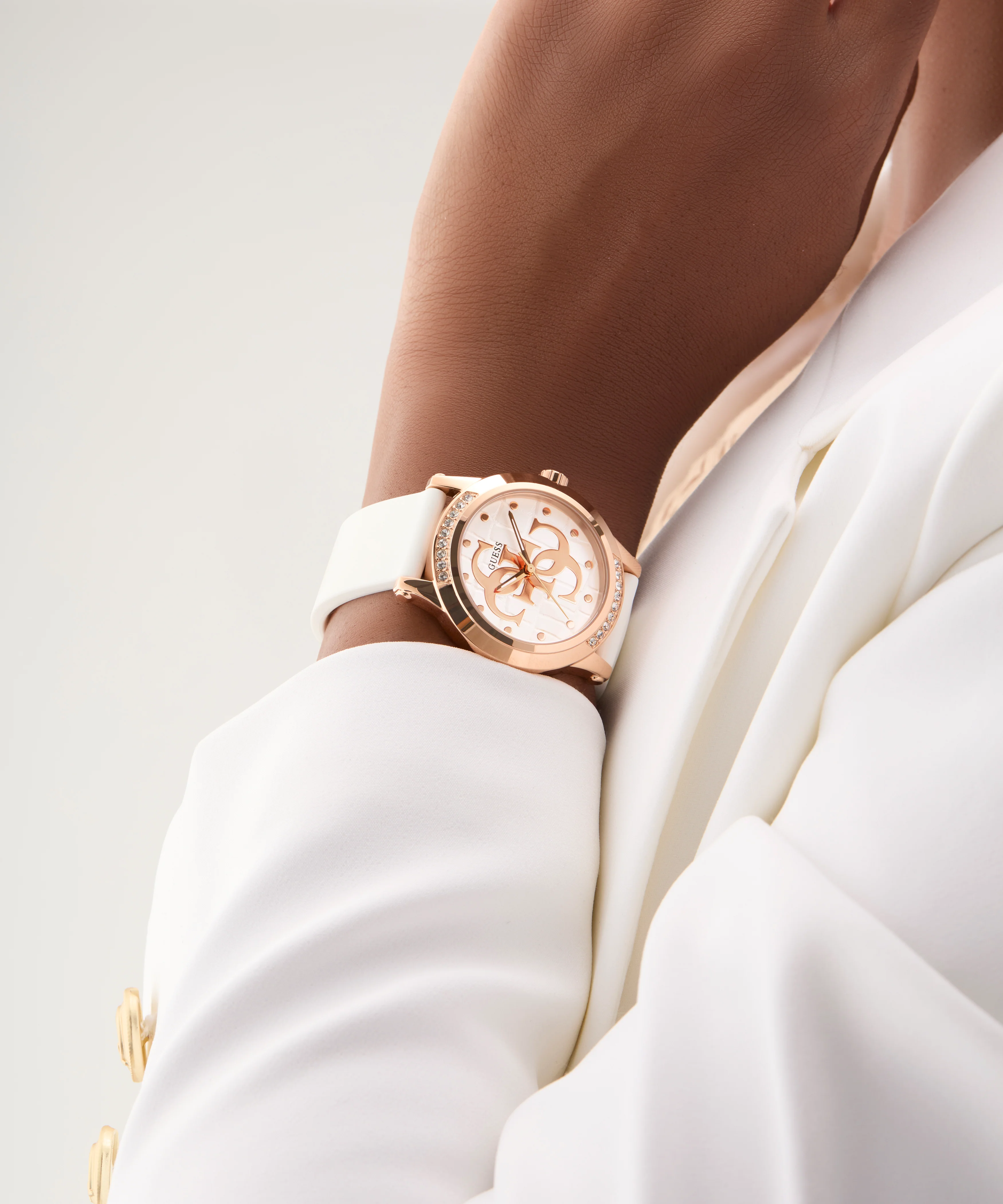 GUESS Ladies White Rose Gold Tone Analog Watch - Image 3