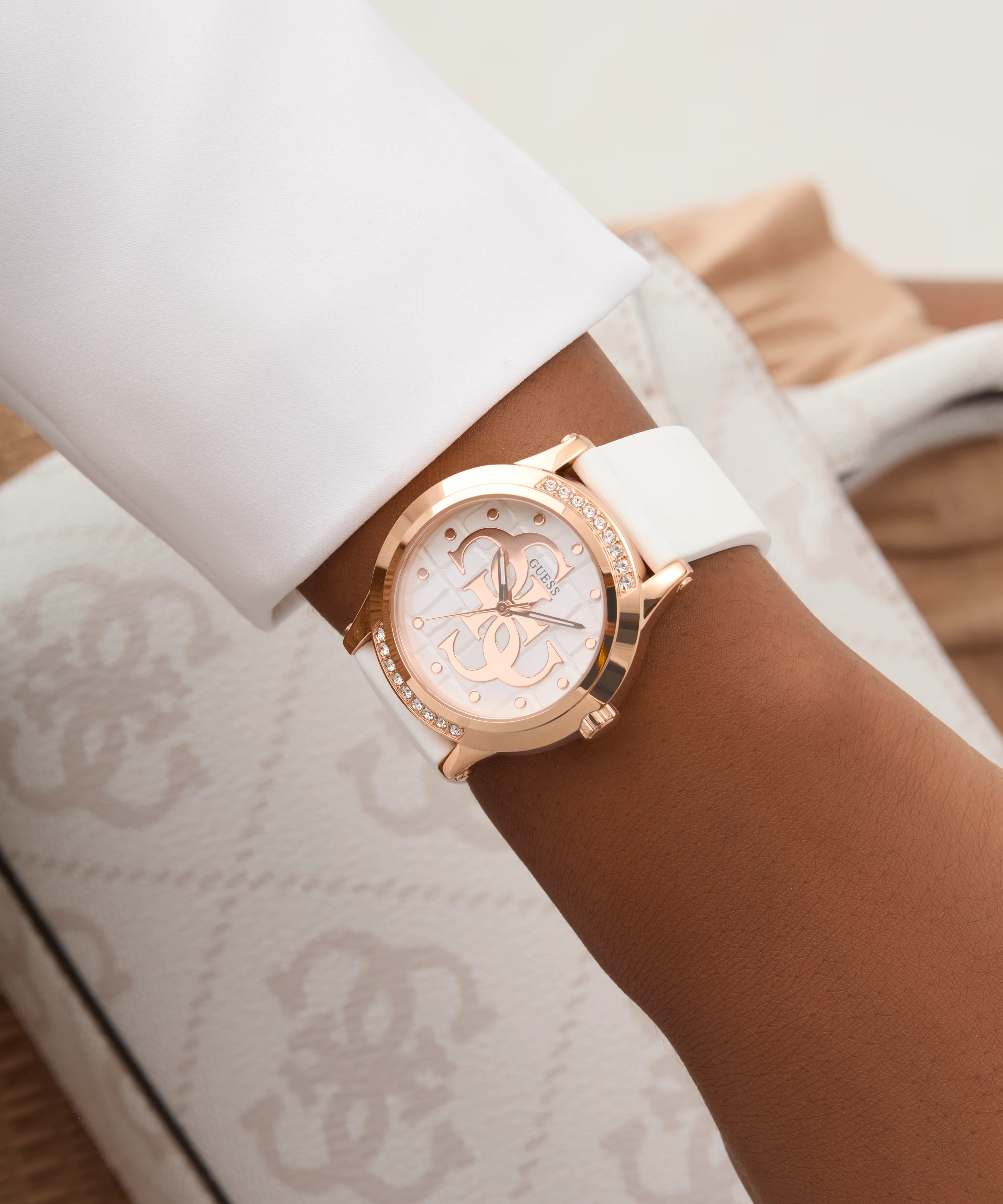 GUESS Ladies White Rose Gold Tone Analog Watch - Image 5