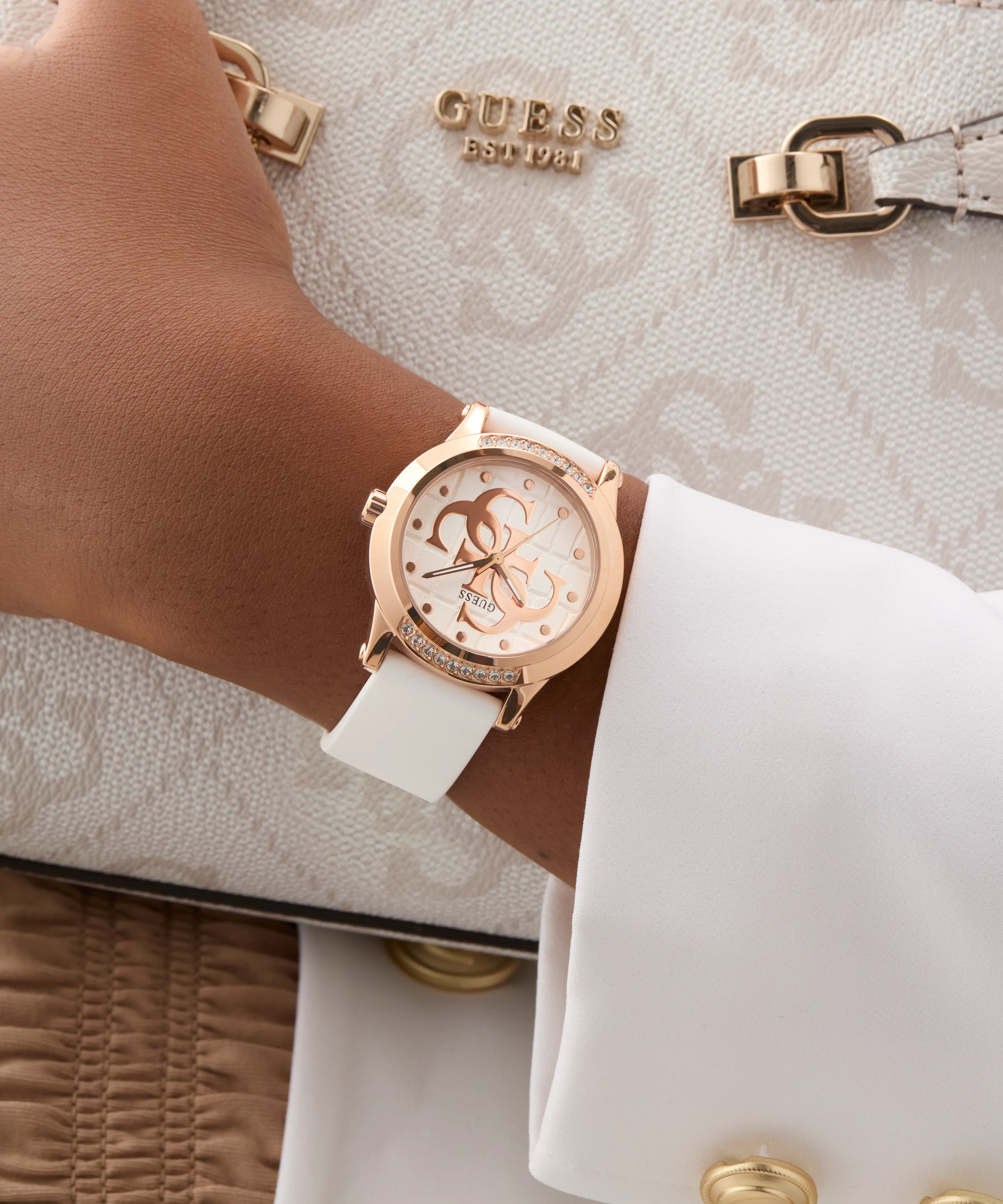 GUESS Ladies White Rose Gold Tone Analog Watch - Image 6