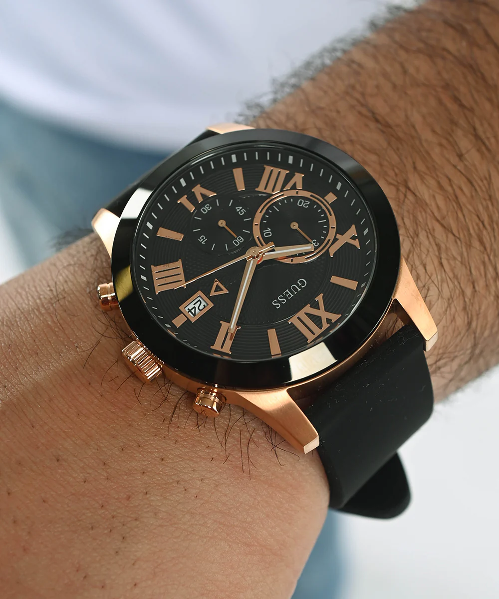 GUESS Mens Black Rose Gold Tone Chronograph Watch - Image 3