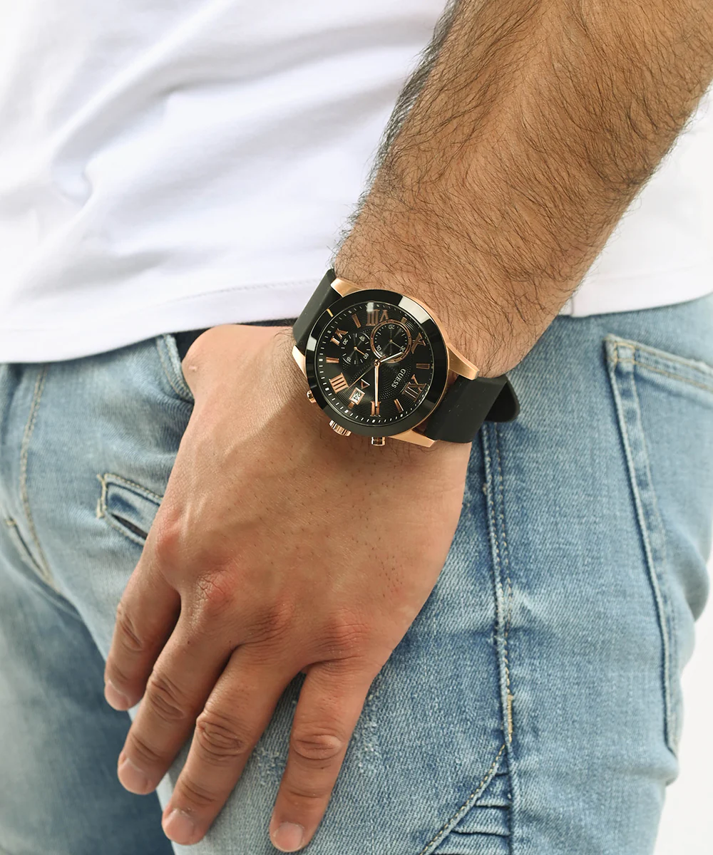 GUESS Mens Black Rose Gold Tone Chronograph Watch - Image 4