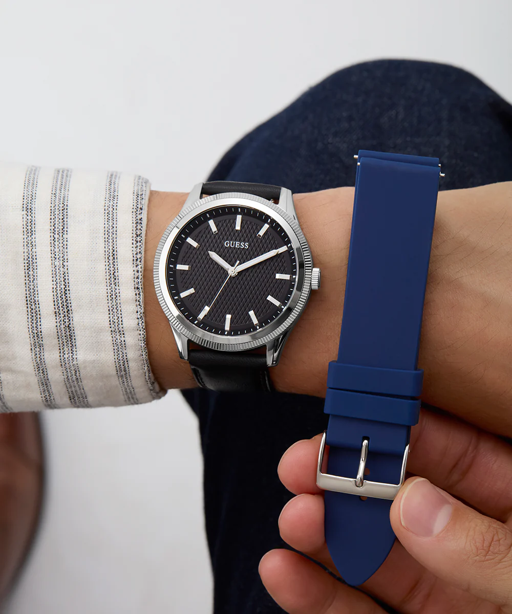 GUESS Mens Black Silver Tone Analog Watch Gift Set - Image 3